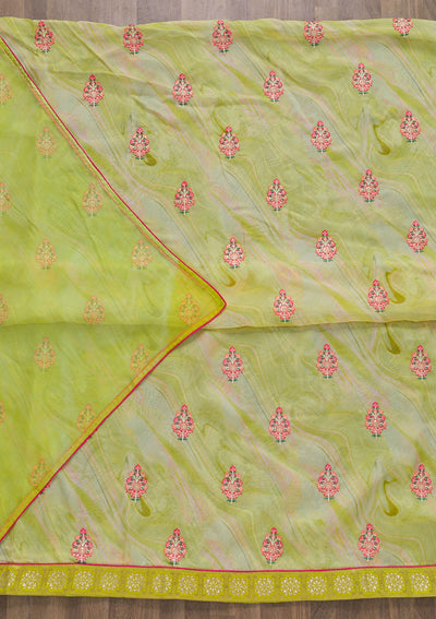 Pista Green Threadwork Semi Crepe Unstitched Salwar Suit-Koskii