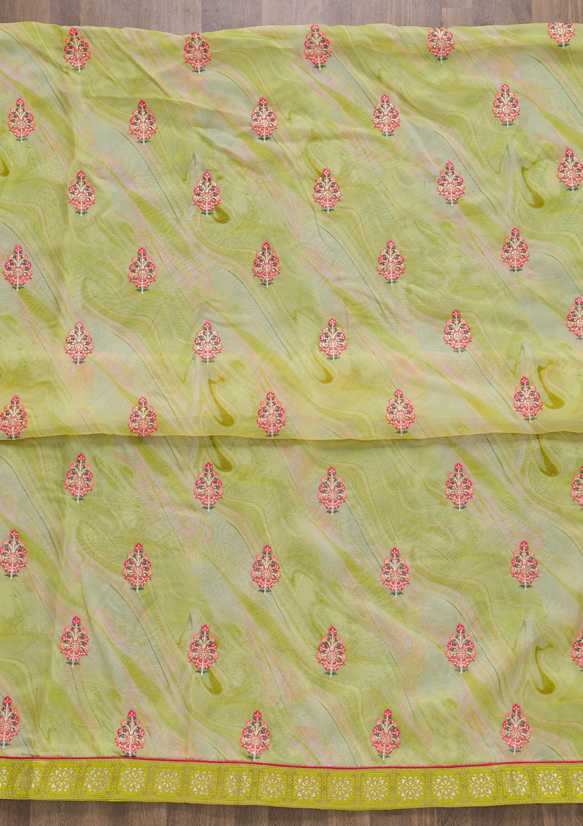 Pista Green Threadwork Semi Crepe Unstitched Salwar Suit-Koskii