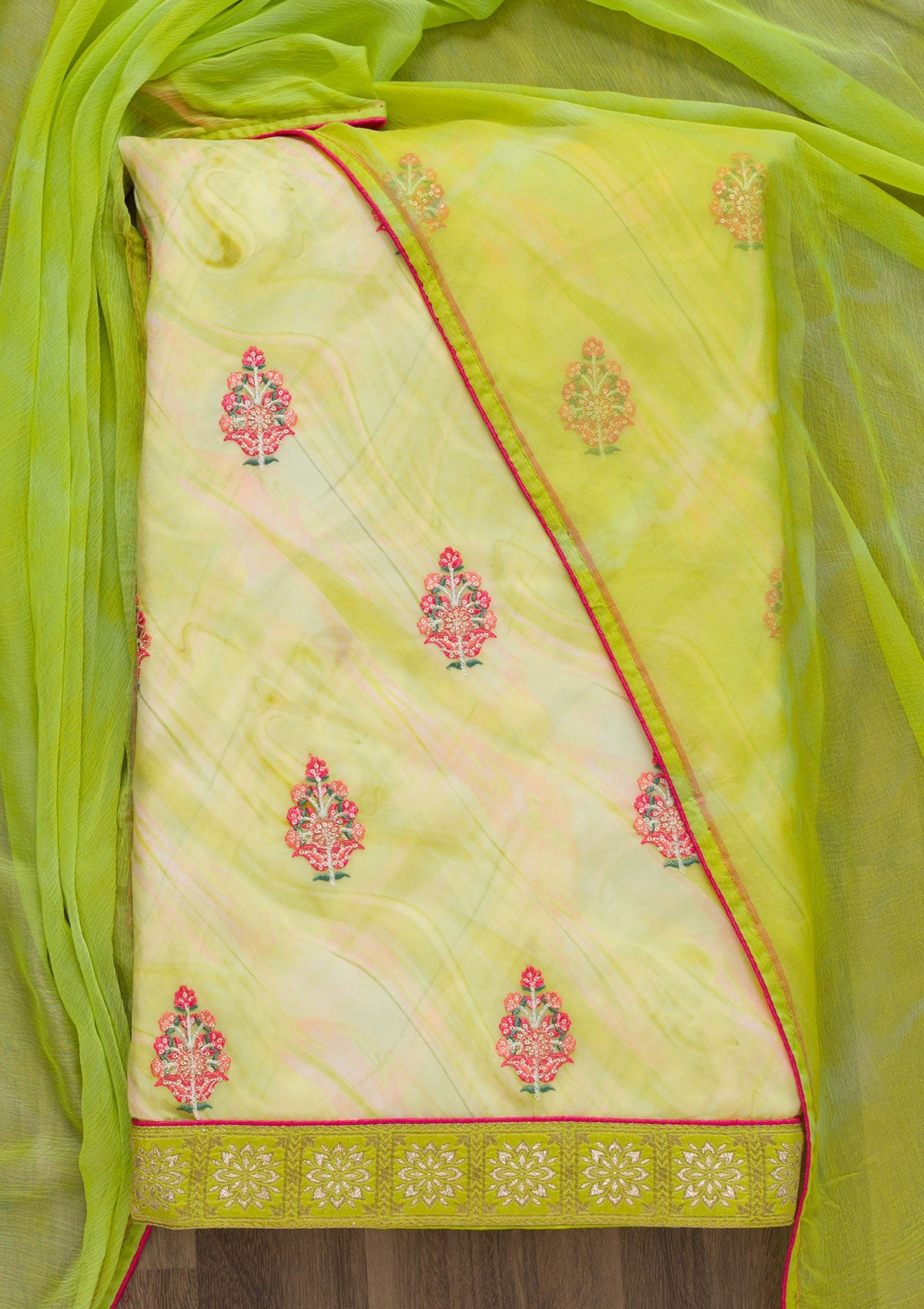 Pista Green Threadwork Semi Crepe Unstitched Salwar Suit-Koskii