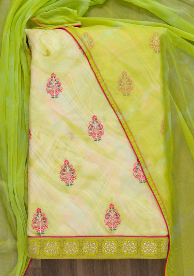 Pista Green Threadwork Semi Crepe Unstitched Salwar Suit-Koskii