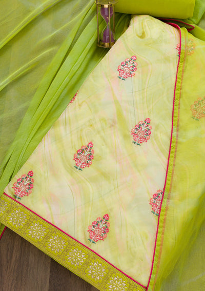 Pista Green Threadwork Semi Crepe Unstitched Salwar Suit-Koskii