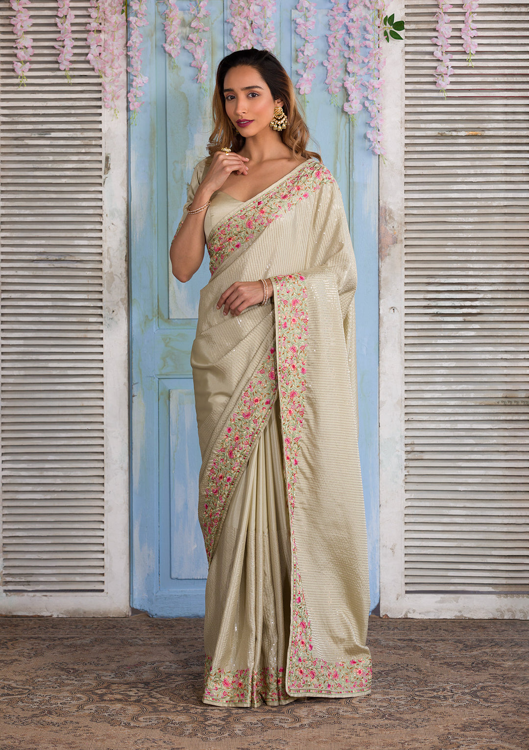 Pista Green Threadwork Semi Crepe Designer Saree-Koskii