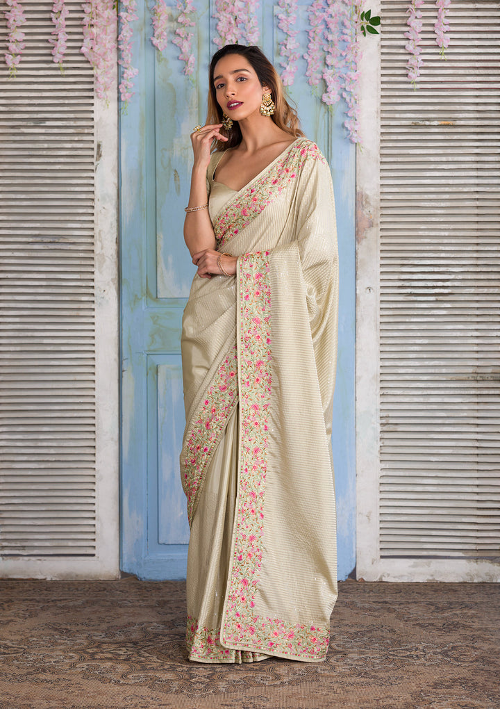 Pista Green Threadwork Semi Crepe Designer Saree-Koskii