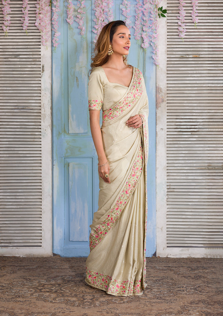 Pista Green Threadwork Semi Crepe Designer Saree-Koskii