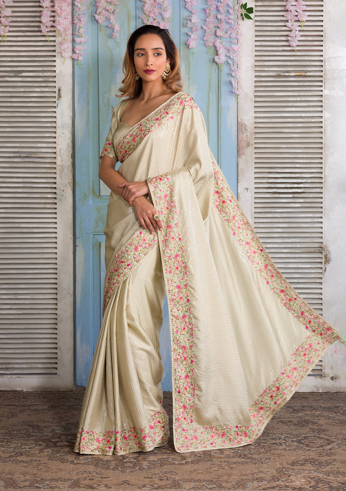 Pista Green Threadwork Semi Crepe Designer Saree-Koskii