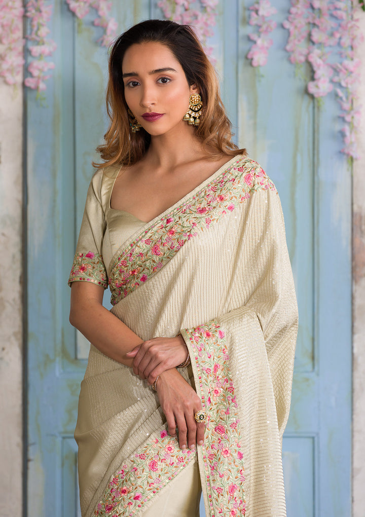 Pista Green Threadwork Semi Crepe Designer Saree-Koskii