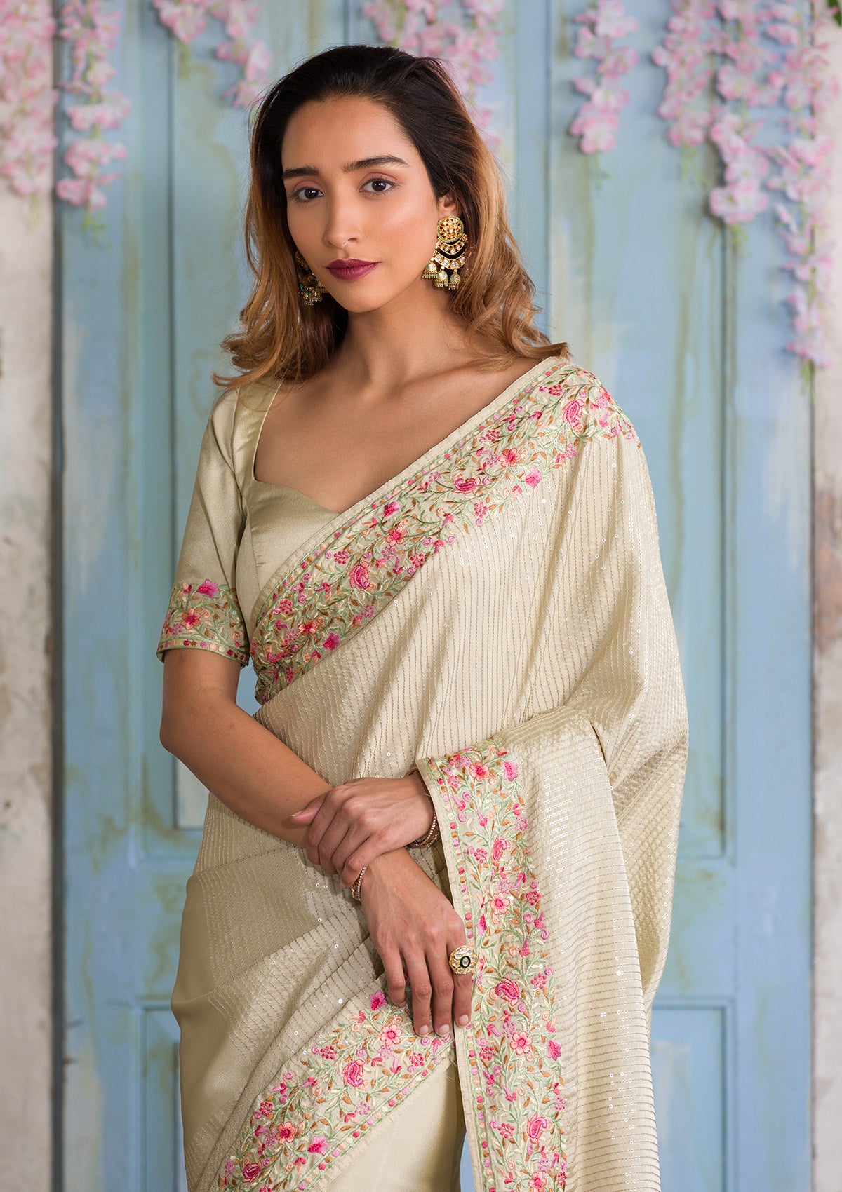 Pista Green Threadwork Semi Crepe Designer Saree-Koskii