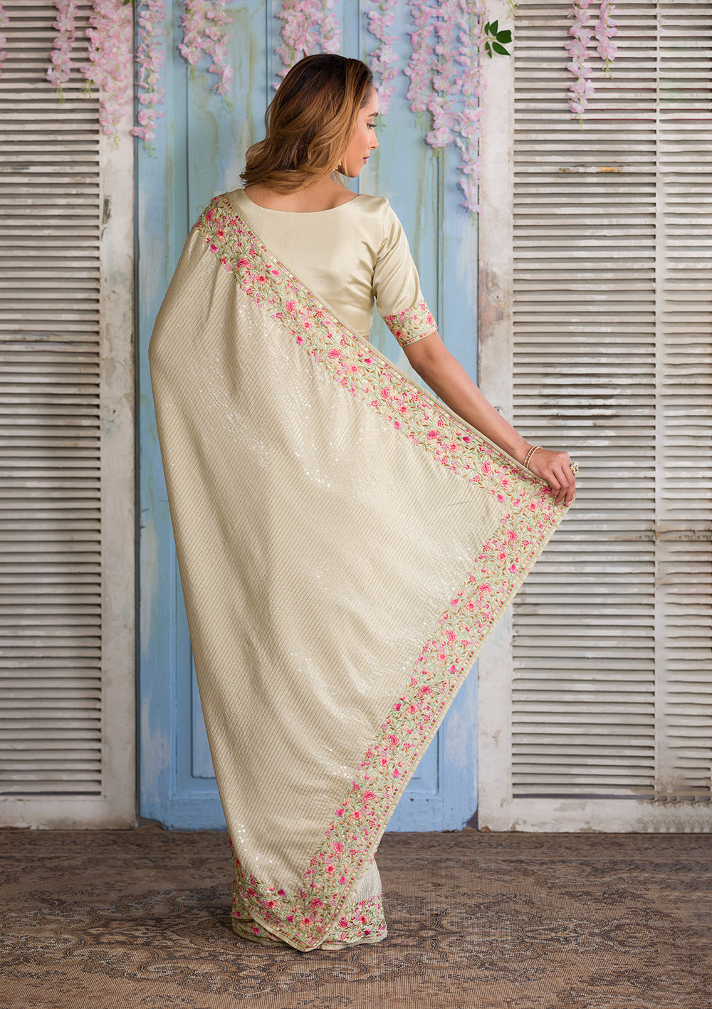 Pista Green Threadwork Semi Crepe Designer Saree-Koskii