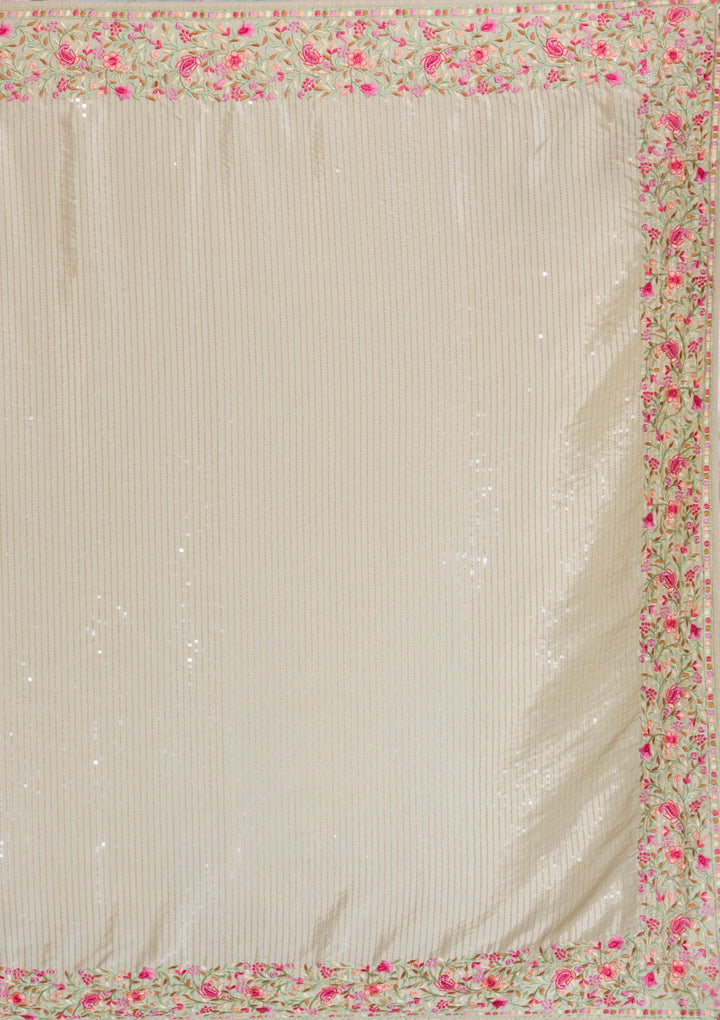 Pista Green Threadwork Semi Crepe Designer Saree-Koskii