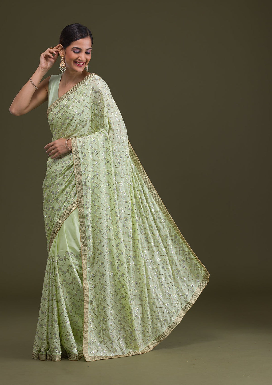 Pista Green Threadwork Semi Crepe Saree-Koskii