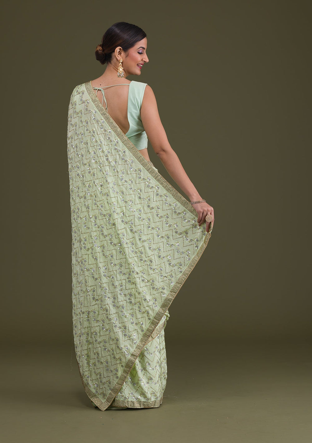 Pista Green Threadwork Semi Crepe Saree-Koskii