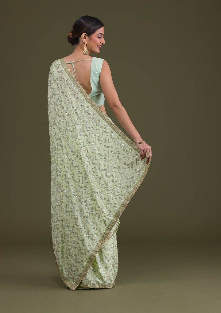 Pista Green Threadwork Semi Crepe Saree-Koskii