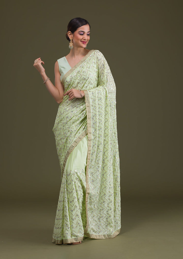Pista Green Threadwork Semi Crepe Saree-Koskii