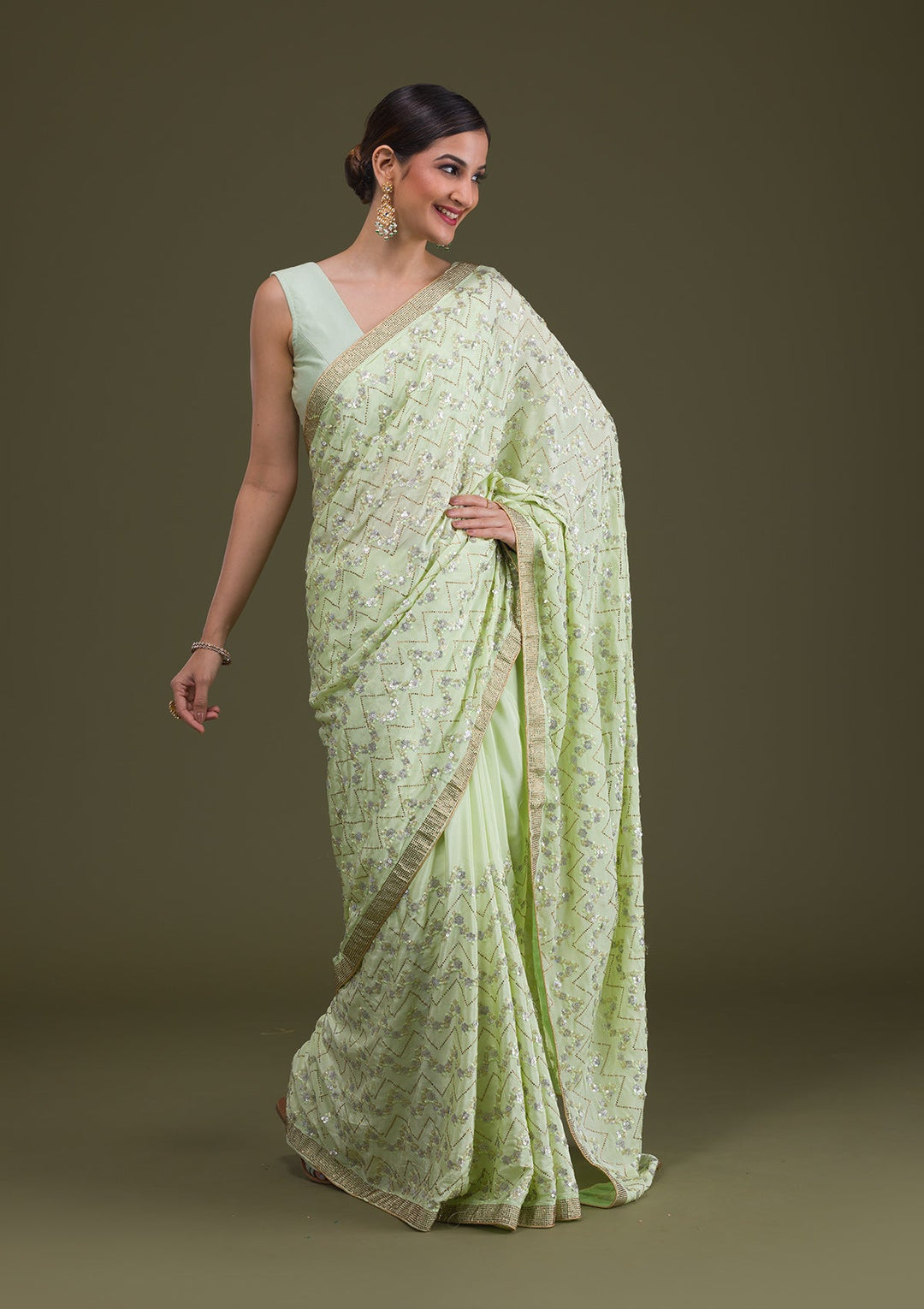 Pista Green Threadwork Semi Crepe Saree-Koskii