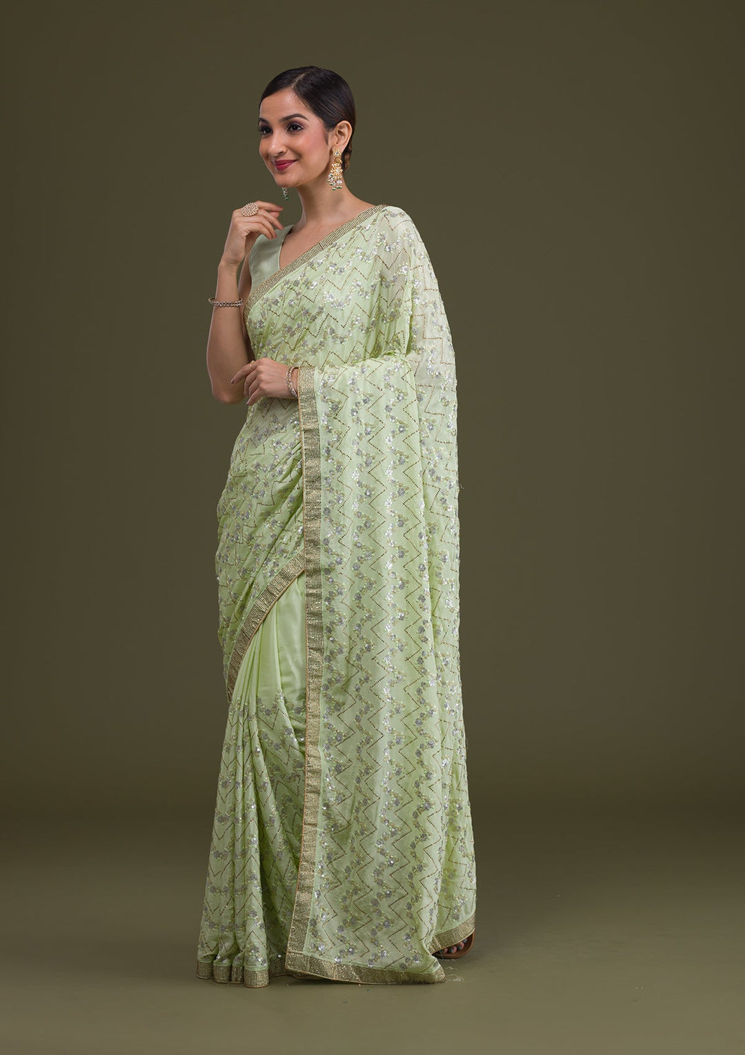 Pista Green Threadwork Semi Crepe Saree-Koskii