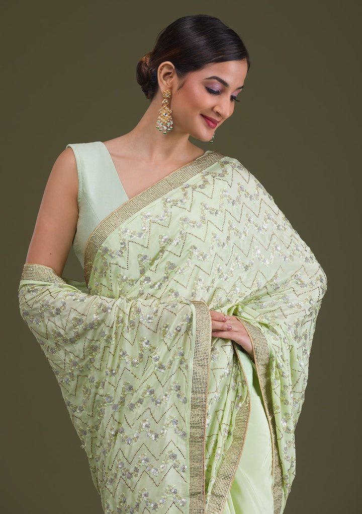 Pista Green Threadwork Semi Crepe Saree-Koskii