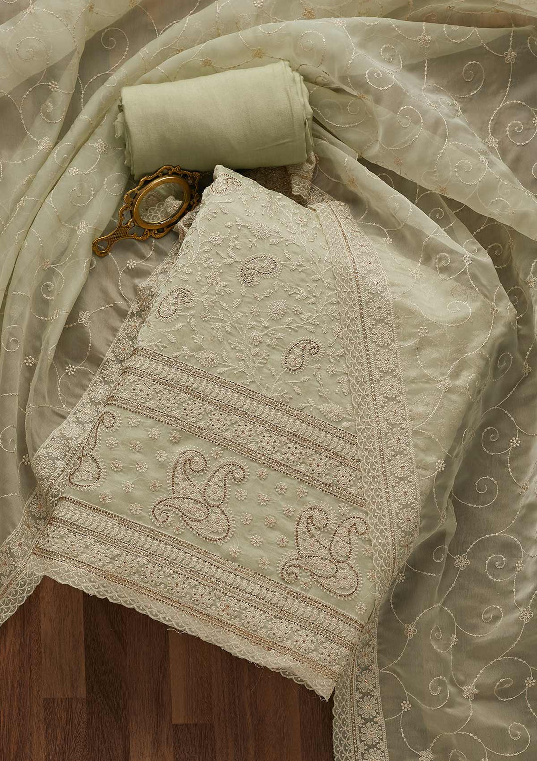 Pista Green Threadwork Tissue Unstitched Salwar Suit-Koskii