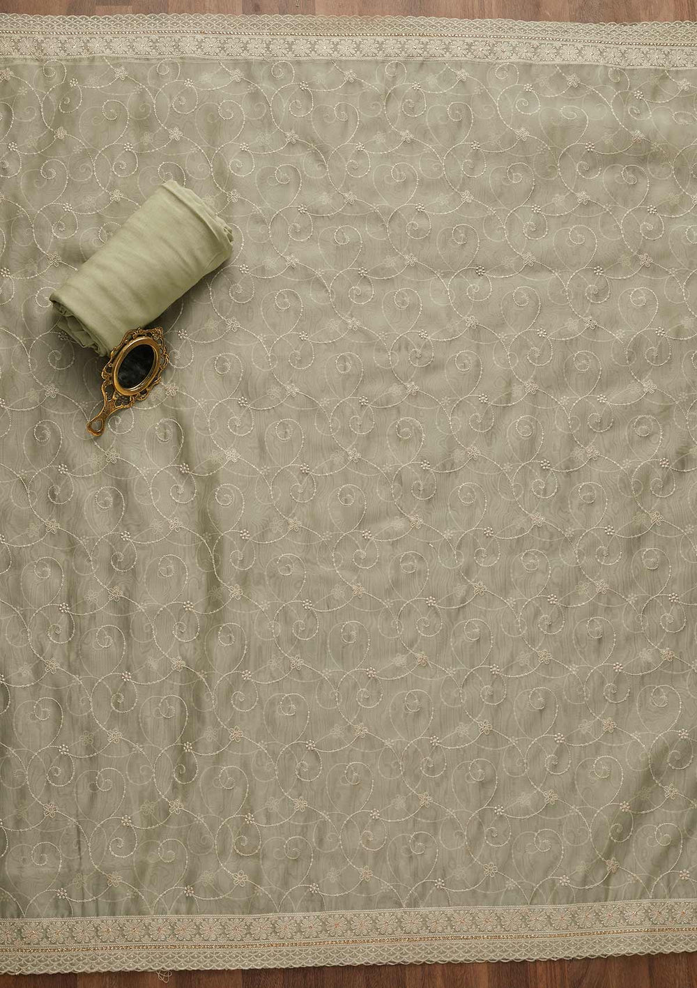 Pista Green Threadwork Tissue Unstitched Salwar Suit-Koskii