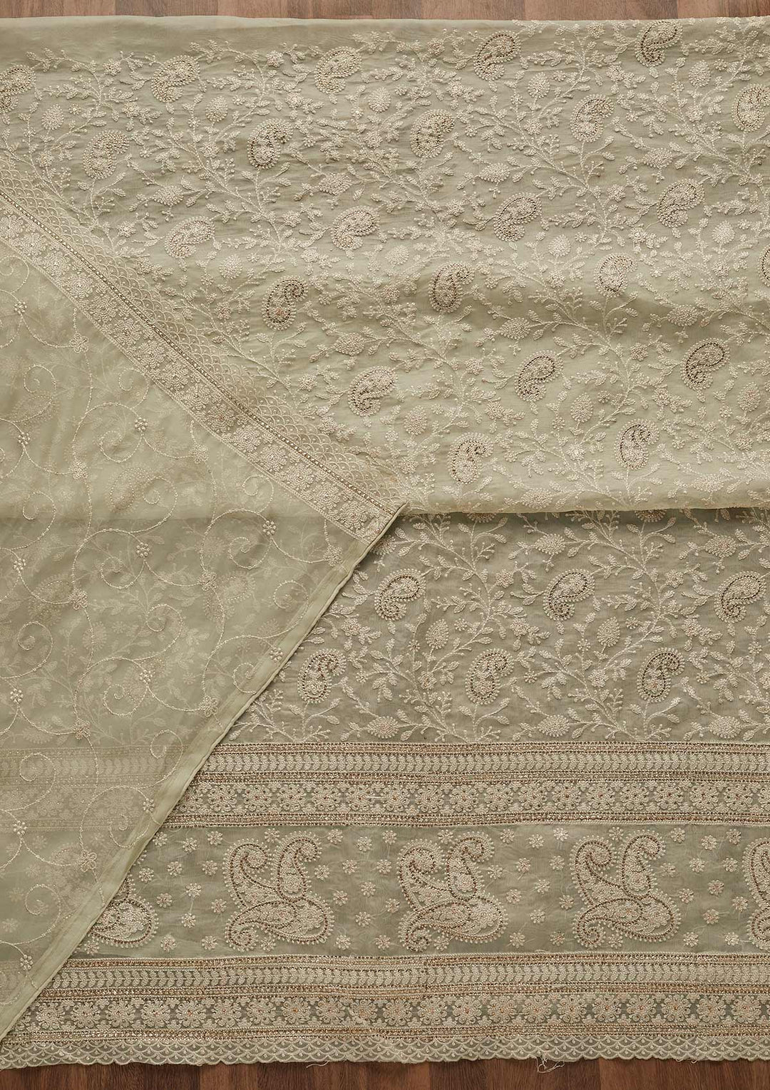 Pista Green Threadwork Tissue Unstitched Salwar Suit-Koskii