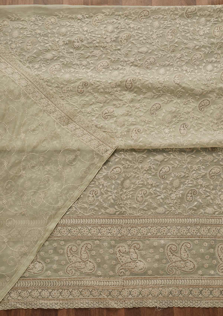 Pista Green Threadwork Tissue Unstitched Salwar Suit-Koskii