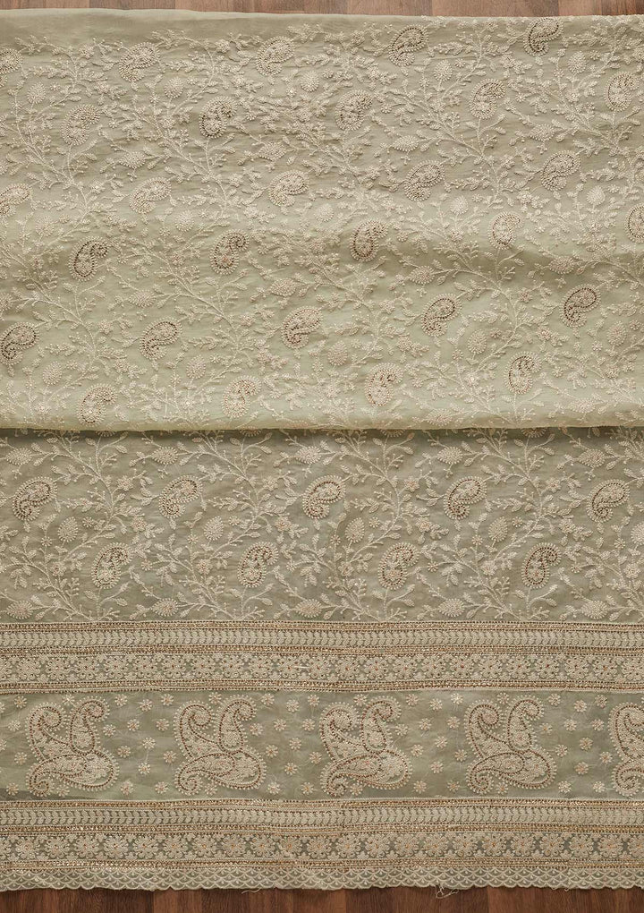 Pista Green Threadwork Tissue Unstitched Salwar Suit-Koskii