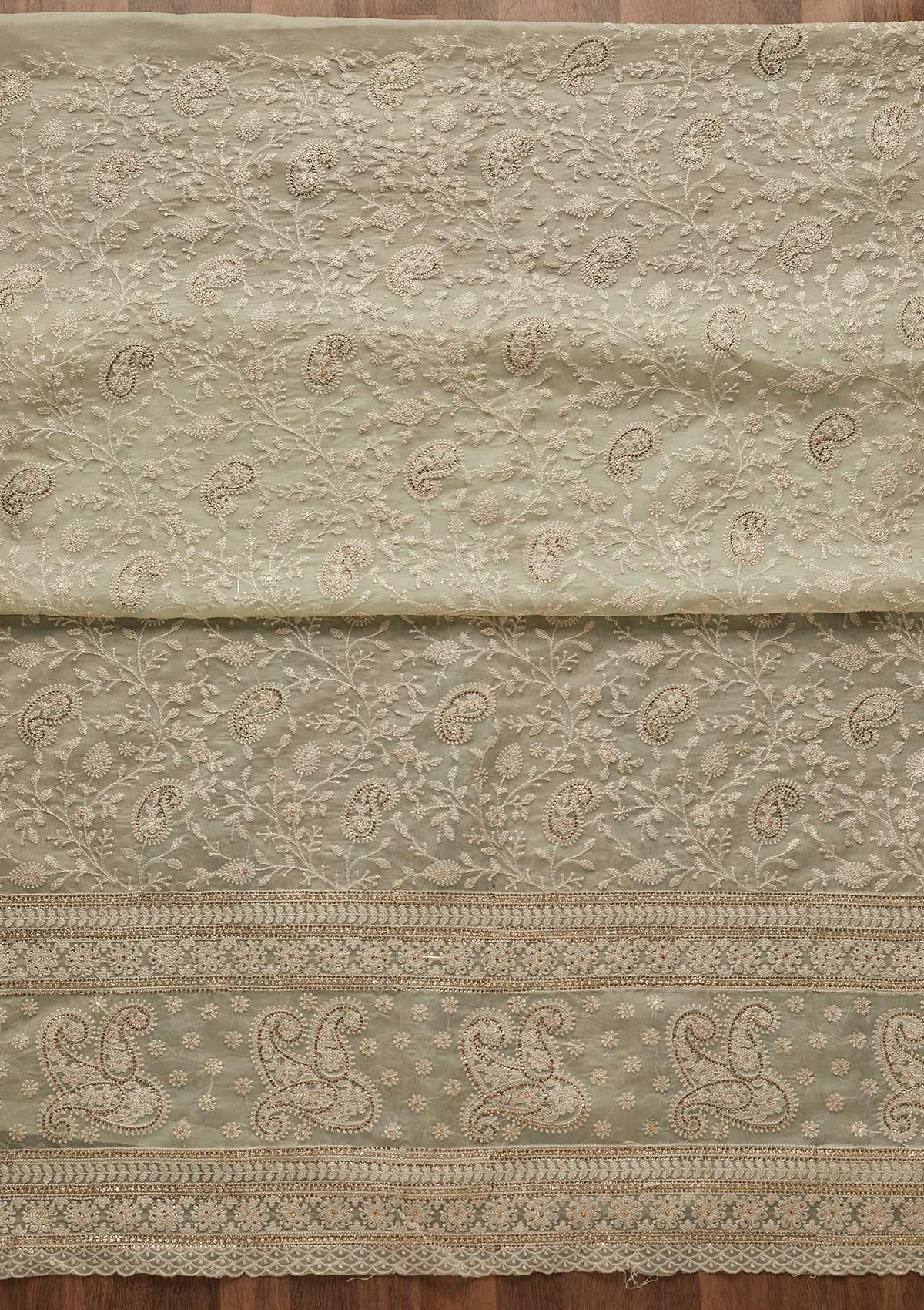 Pista Green Threadwork Tissue Unstitched Salwar Suit-Koskii