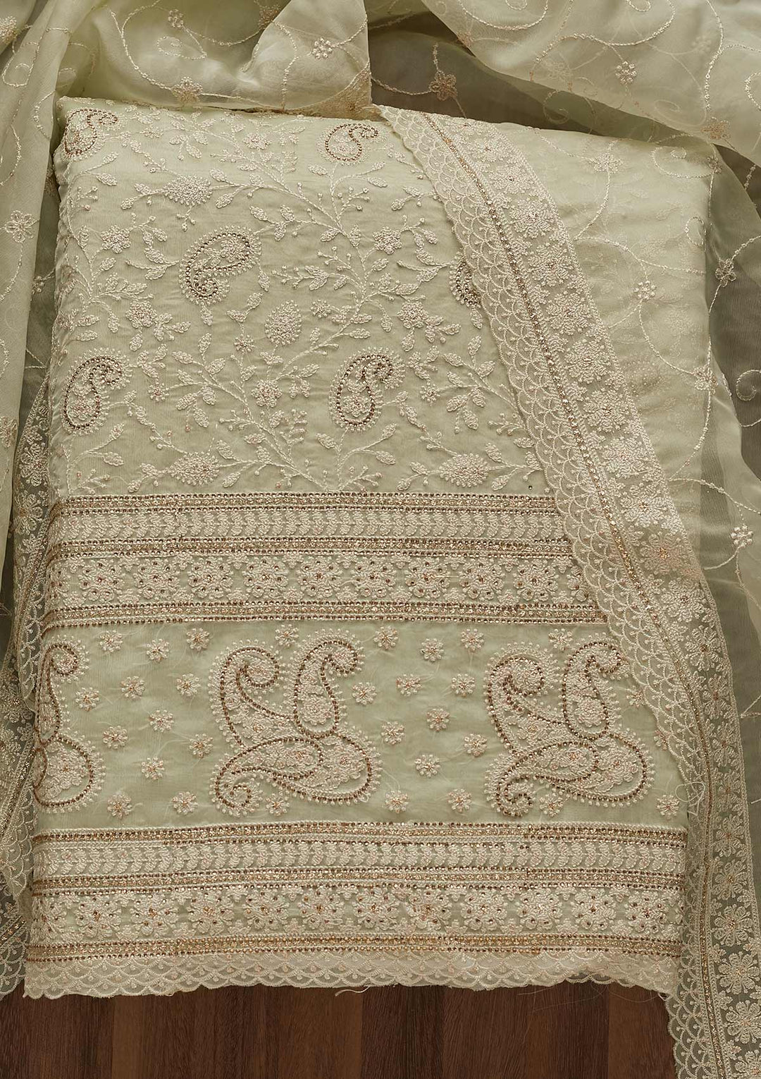 Pista Green Threadwork Tissue Unstitched Salwar Suit-Koskii