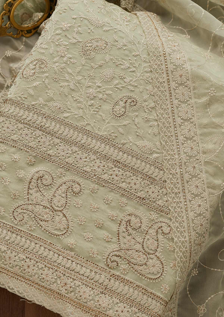 Pista Green Threadwork Tissue Unstitched Salwar Suit-Koskii