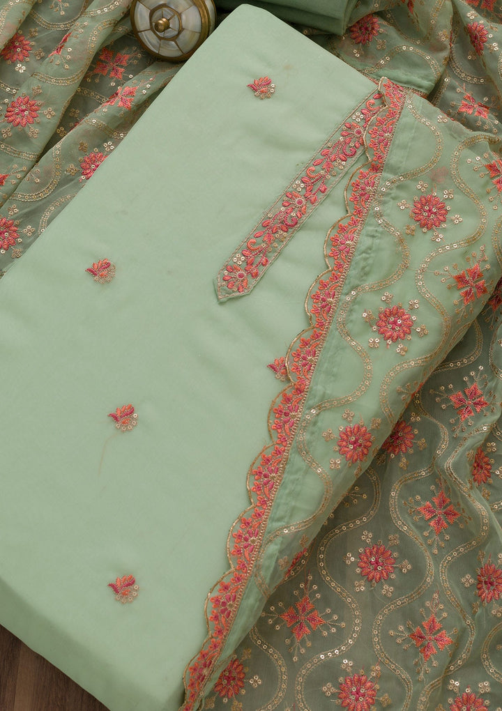 Pista Green Threadwork Tissue Unstitched Salwar Suit-Koskii