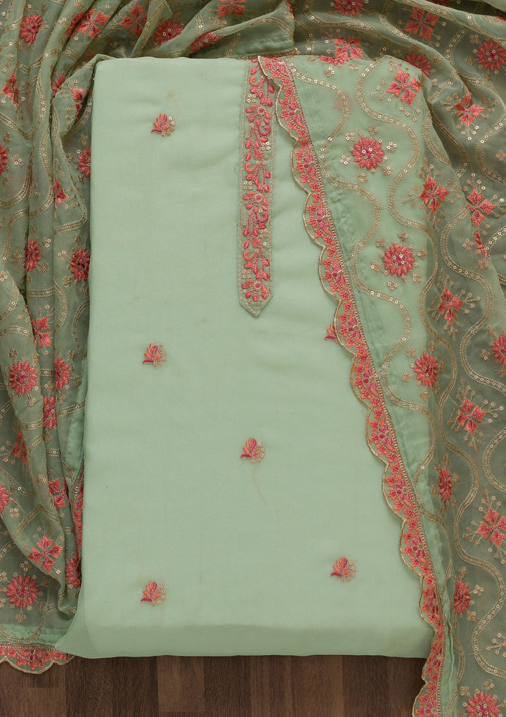 Pista Green Threadwork Tissue Unstitched Salwar Suit-Koskii