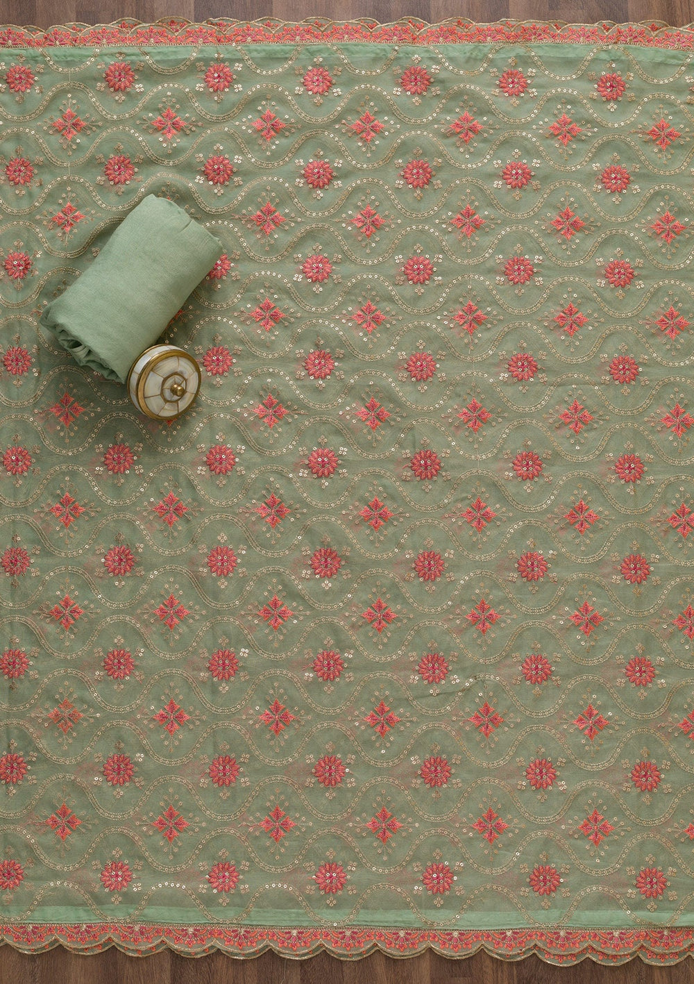 Pista Green Threadwork Tissue Unstitched Salwar Suit-Koskii