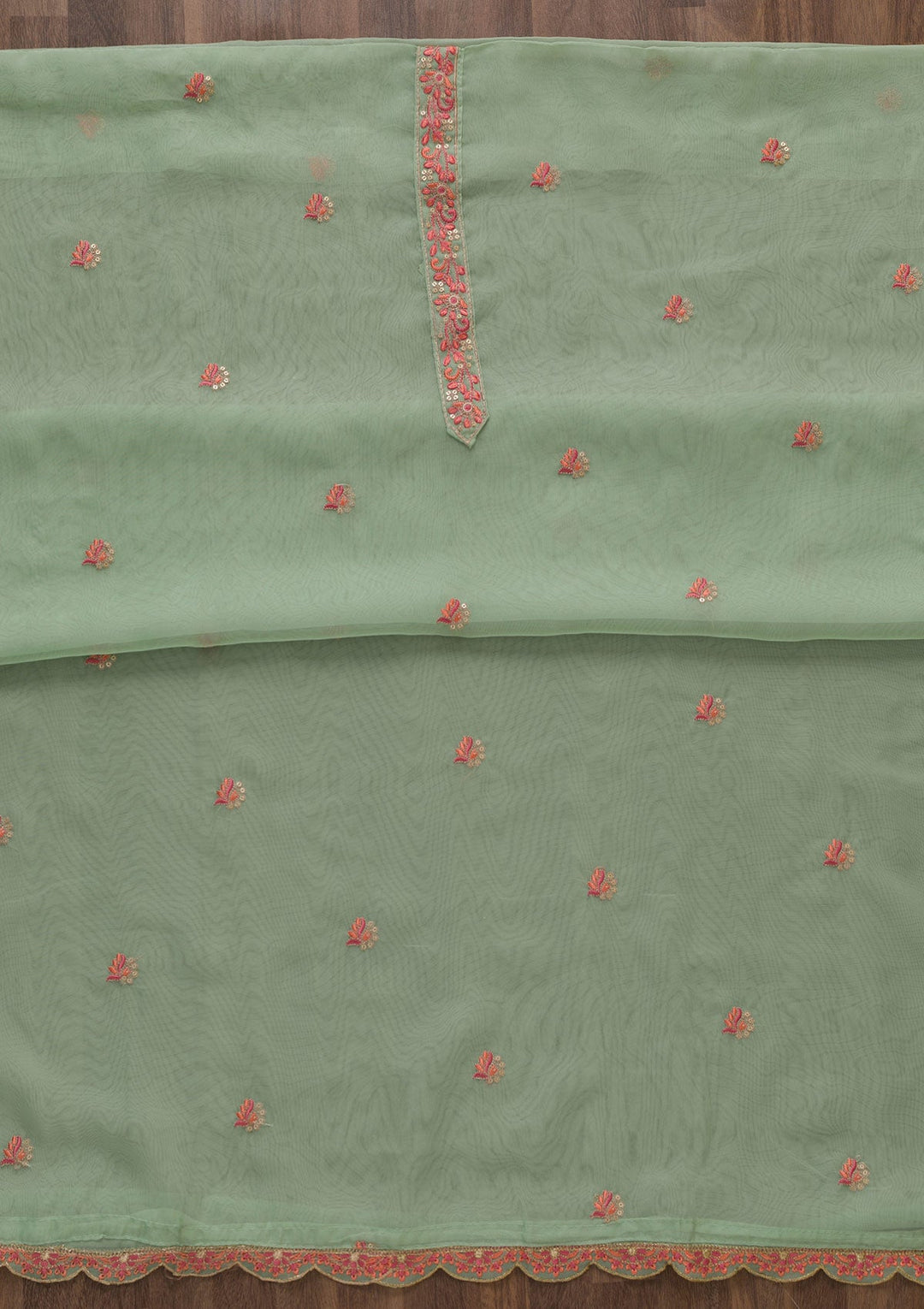 Pista Green Threadwork Tissue Unstitched Salwar Suit-Koskii