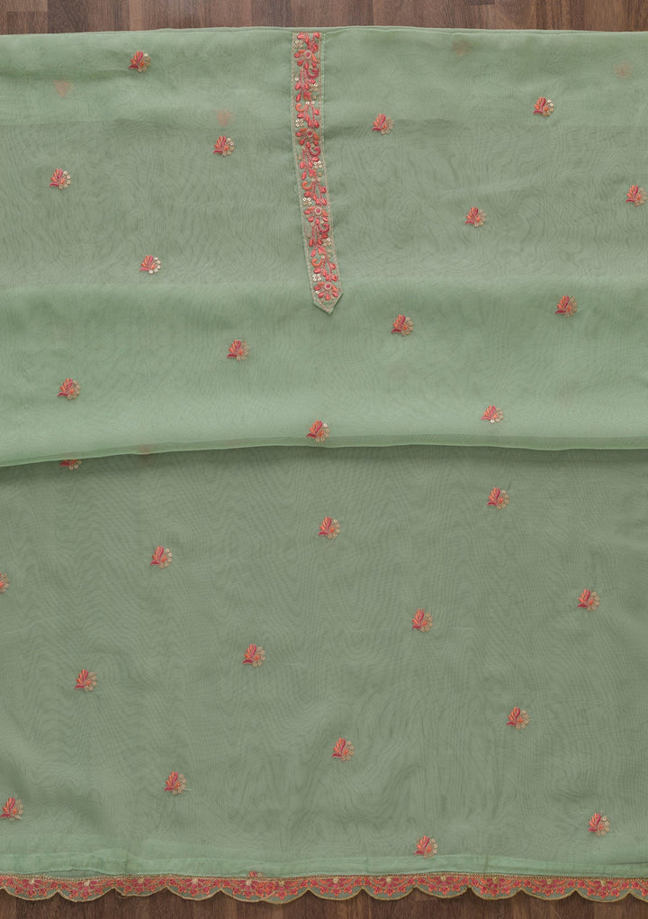 Pista Green Threadwork Tissue Unstitched Salwar Suit-Koskii