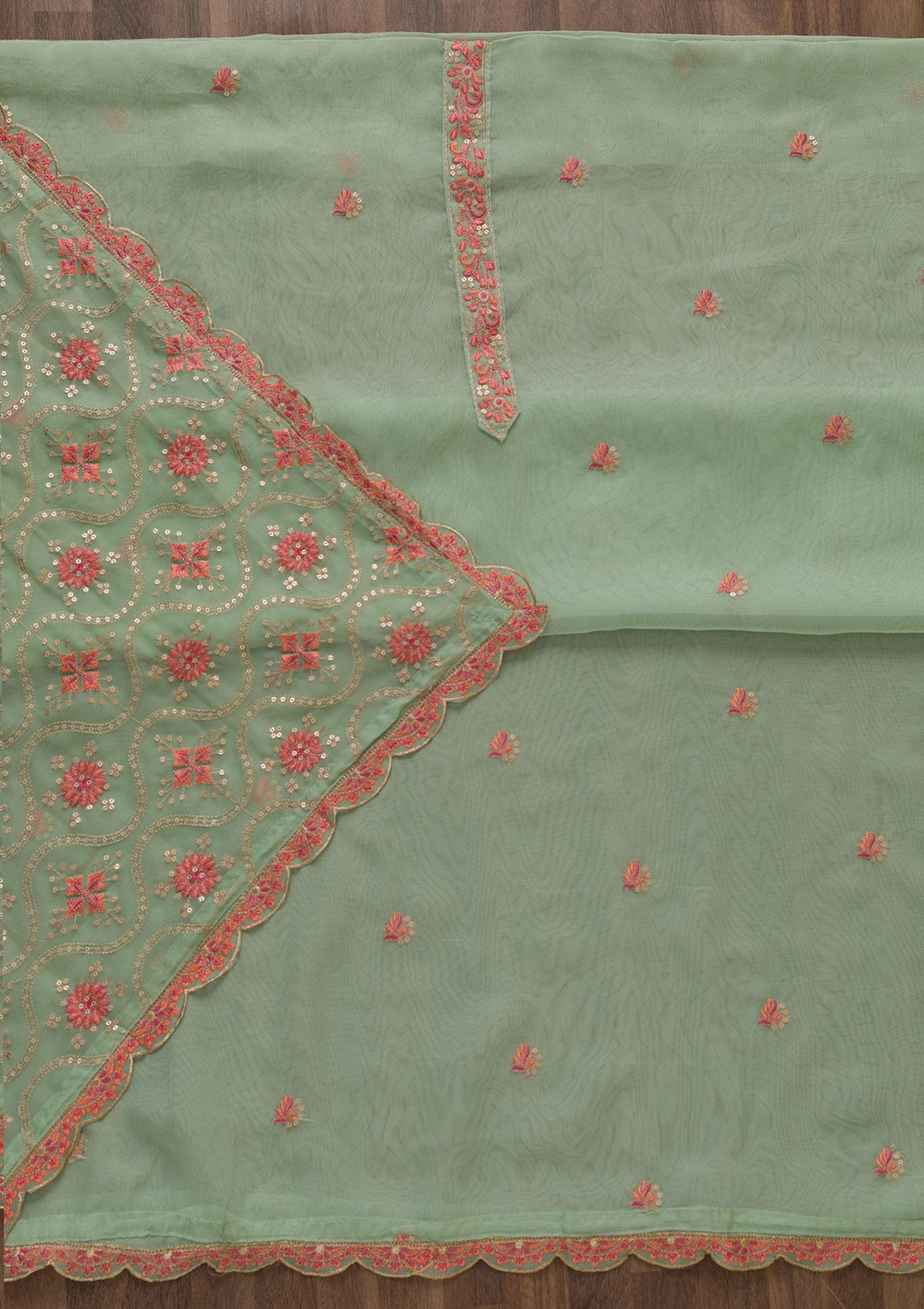 Pista Green Threadwork Tissue Unstitched Salwar Suit-Koskii