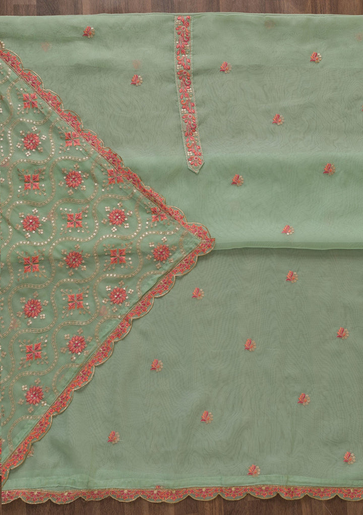 Pista Green Threadwork Tissue Unstitched Salwar Suit-Koskii