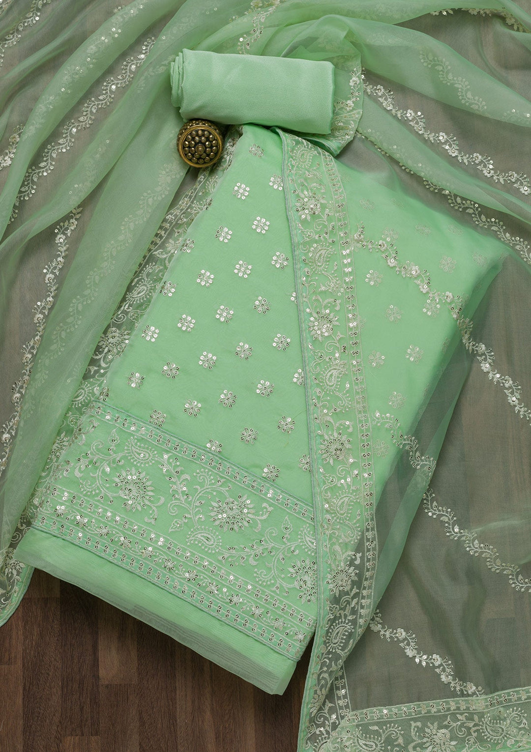 Pista Green Threadwork Tissue Unstitched Salwar Suit-Koskii