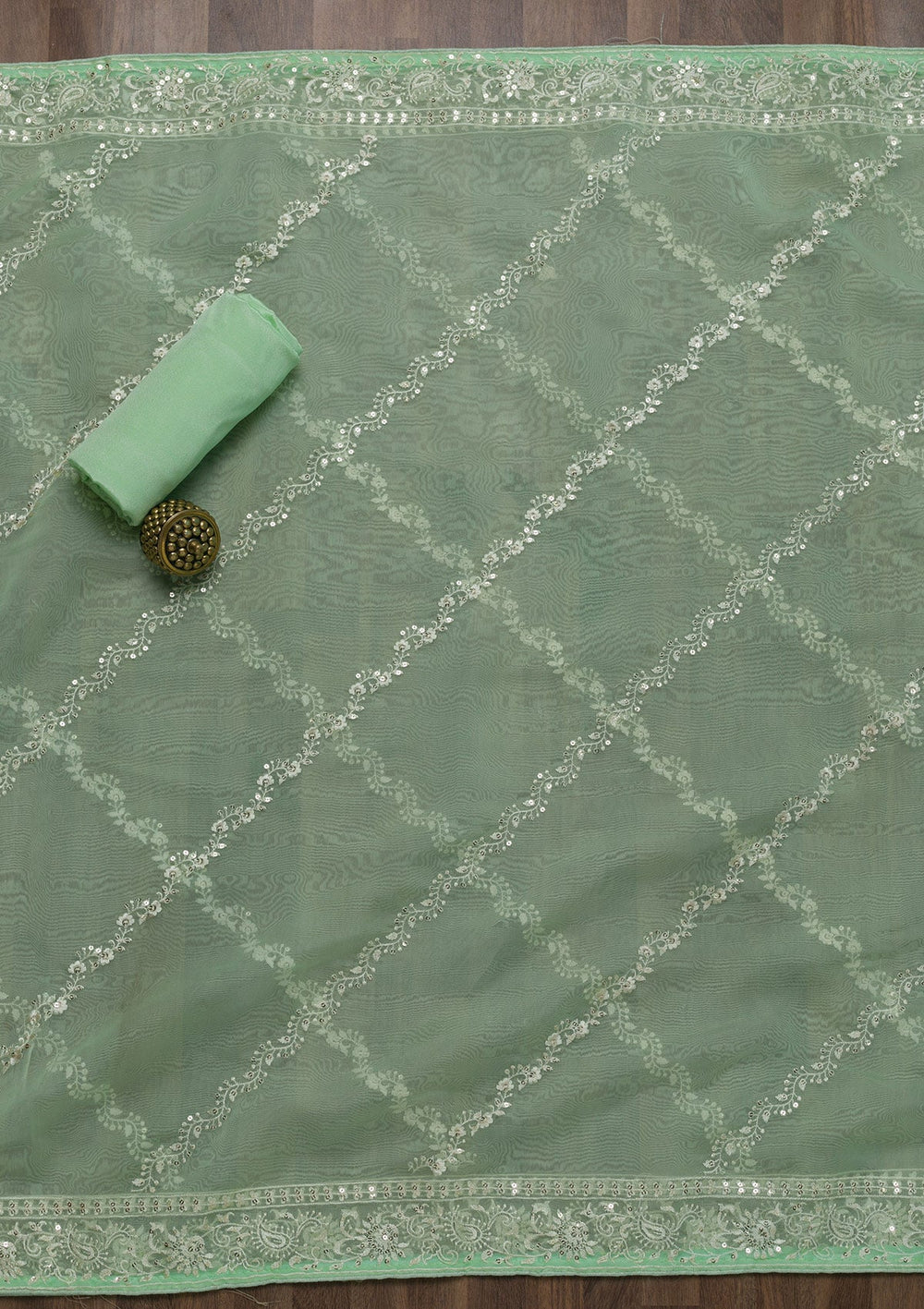 Pista Green Threadwork Tissue Unstitched Salwar Suit-Koskii