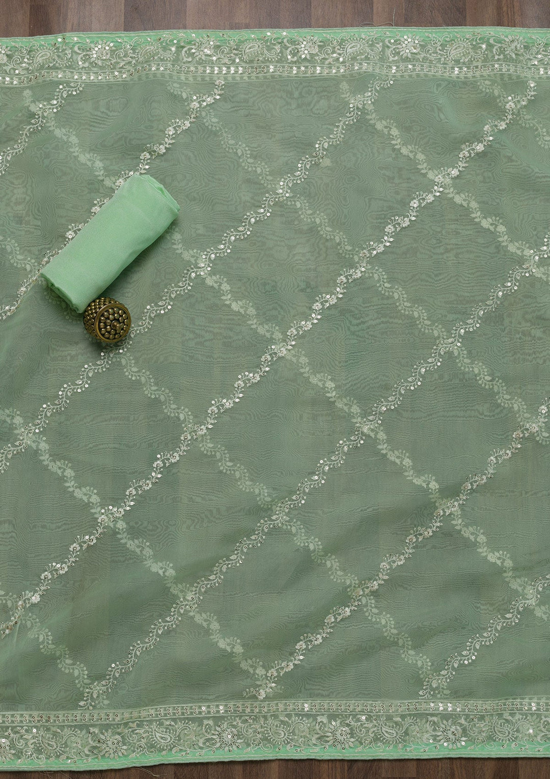 Pista Green Threadwork Tissue Unstitched Salwar Suit-Koskii