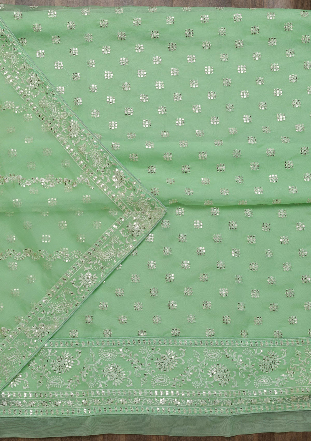 Pista Green Threadwork Tissue Unstitched Salwar Suit-Koskii