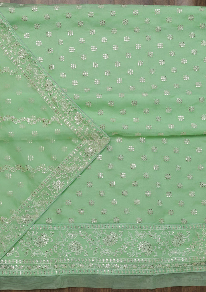 Pista Green Threadwork Tissue Unstitched Salwar Suit-Koskii