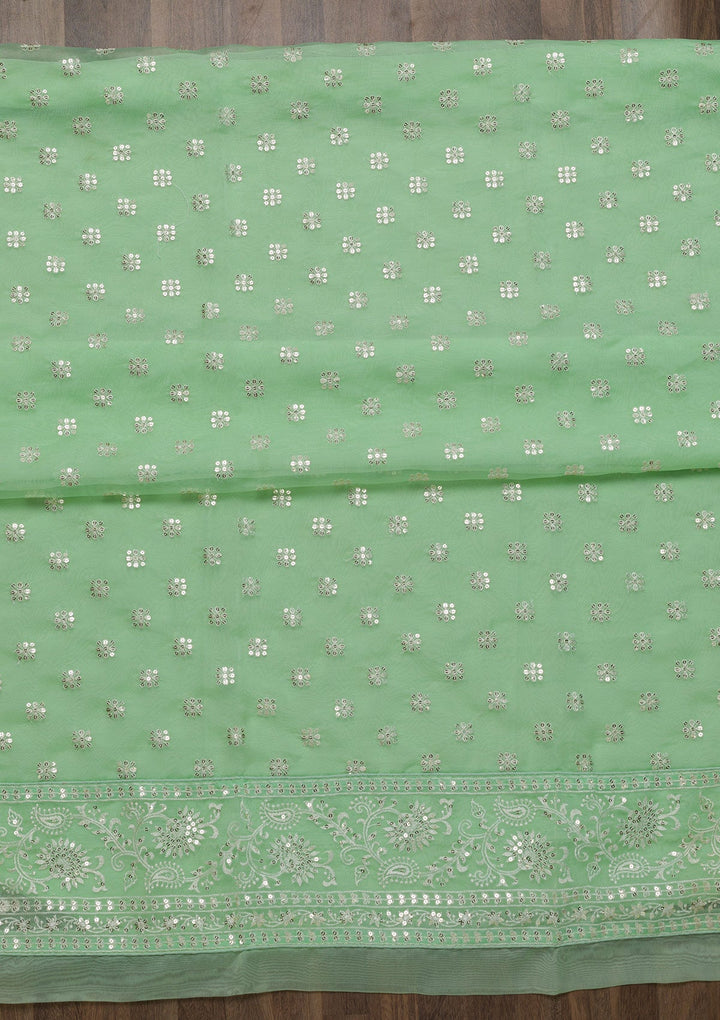 Pista Green Threadwork Tissue Unstitched Salwar Suit-Koskii