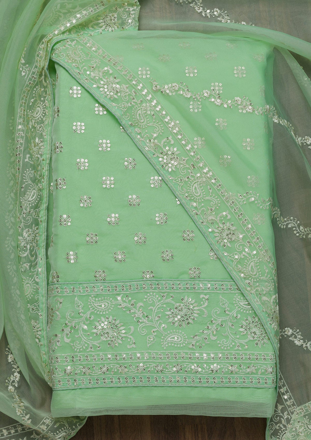 Pista Green Threadwork Tissue Unstitched Salwar Suit-Koskii