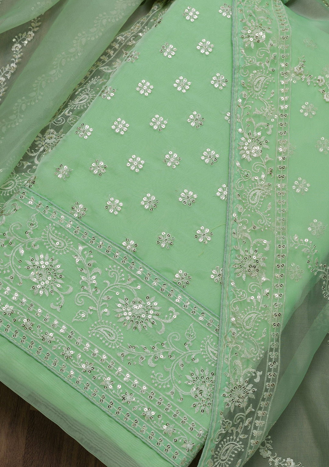 Pista Green Threadwork Tissue Unstitched Salwar Suit-Koskii