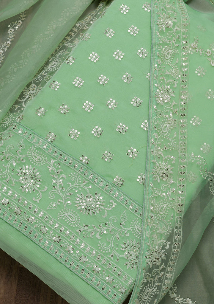 Pista Green Threadwork Tissue Unstitched Salwar Suit-Koskii
