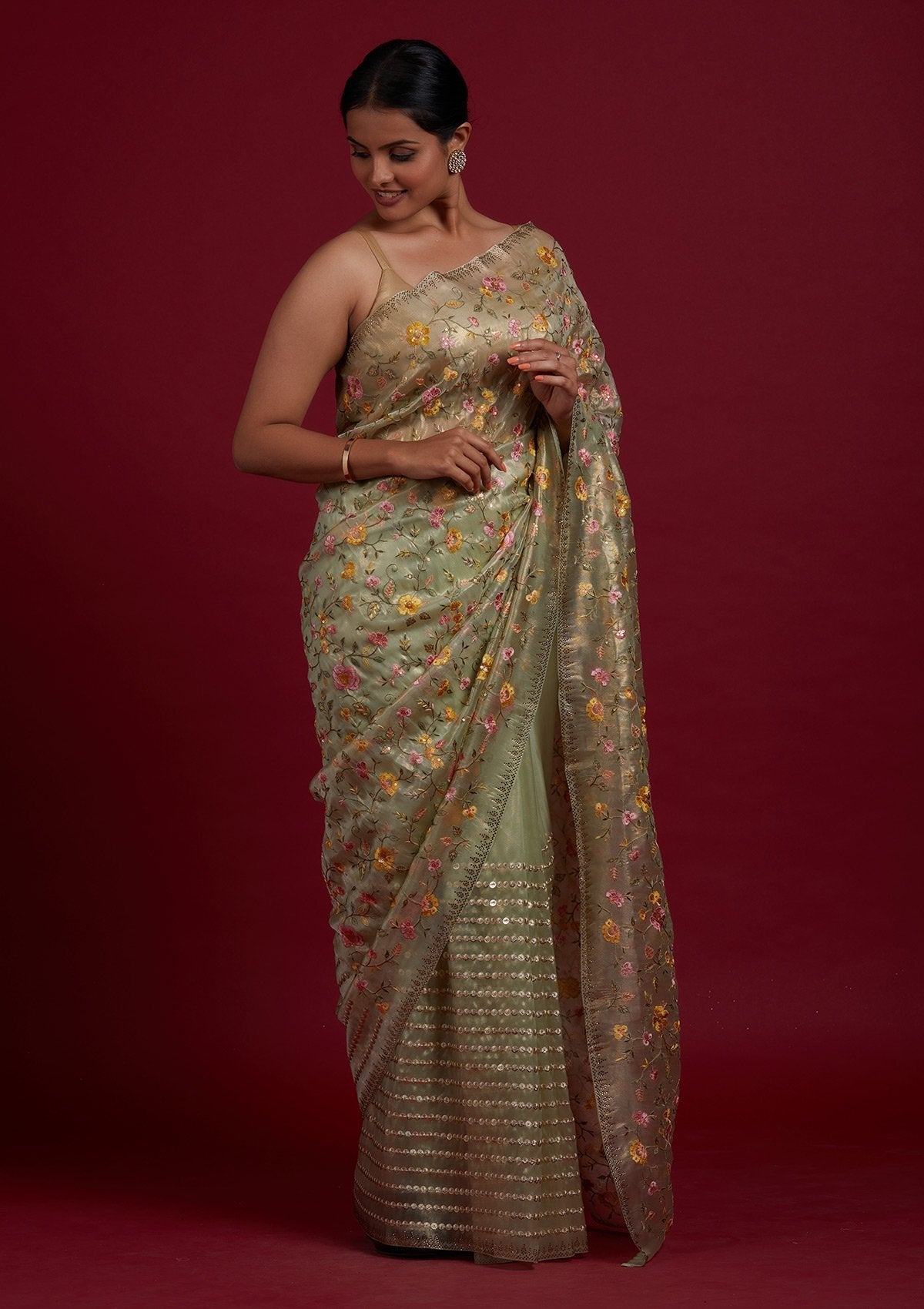 Pista Green Threadwork Tissue Designer Saree - Koskii