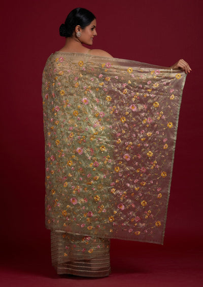 Pista Green Threadwork Tissue Designer Saree - Koskii