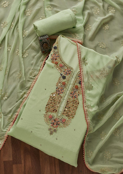 Pista Green Zardosi Georgette Designer Semi-Stitched Salwar Suit - Koskii