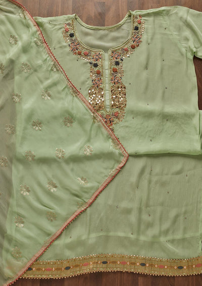 Pista Green Zardosi Georgette Designer Semi-Stitched Salwar Suit - Koskii