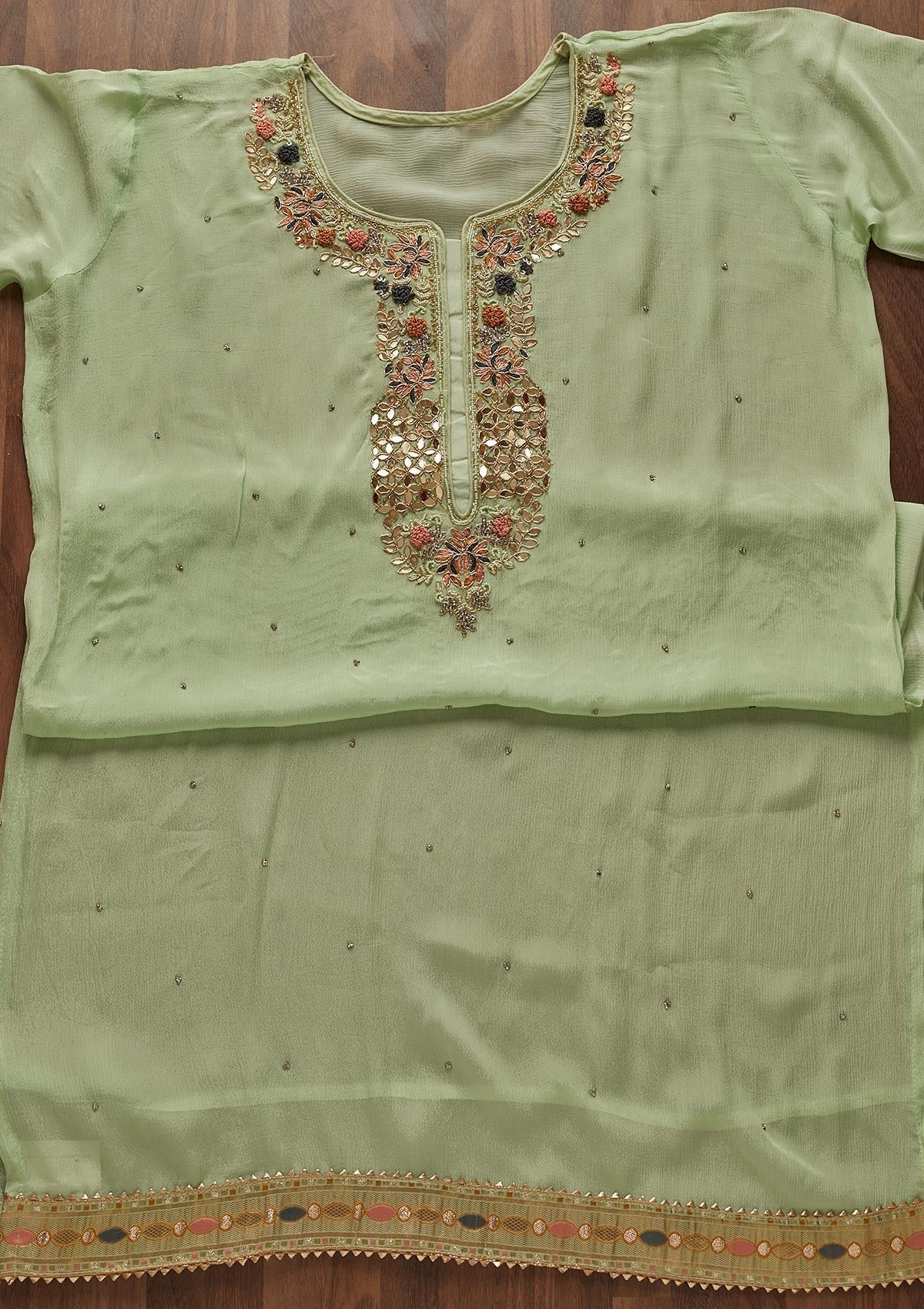 Pista Green Zardosi Georgette Designer Semi-Stitched Salwar Suit - Koskii
