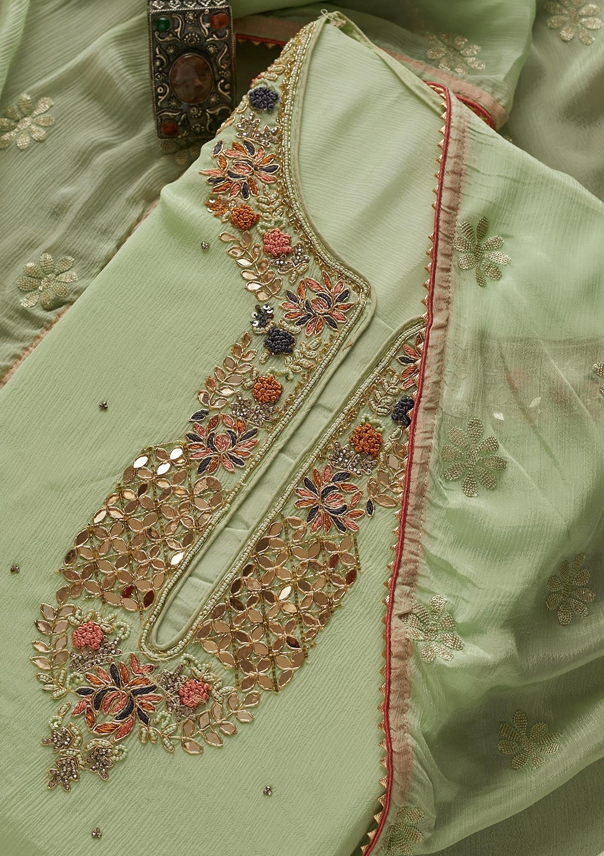 Pista Green Zardosi Georgette Designer Semi-Stitched Salwar Suit - Koskii